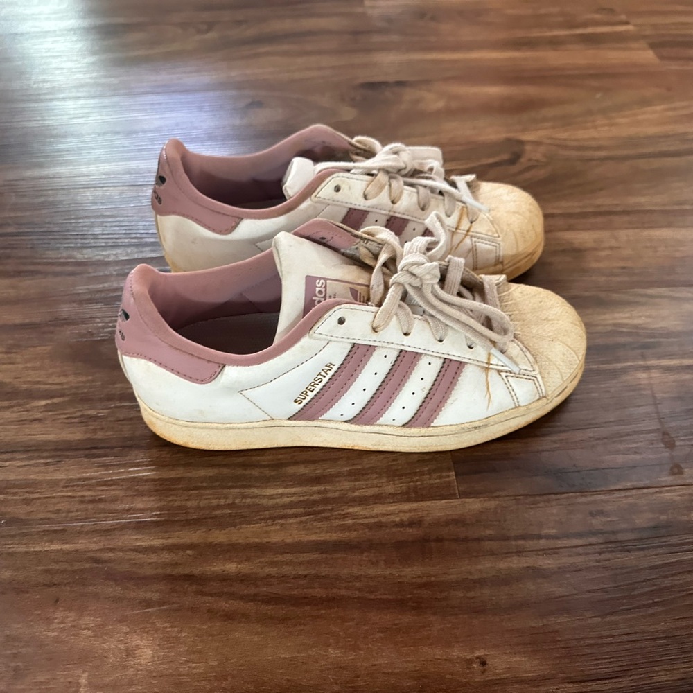 Size 6, purple and white Adidas shoes